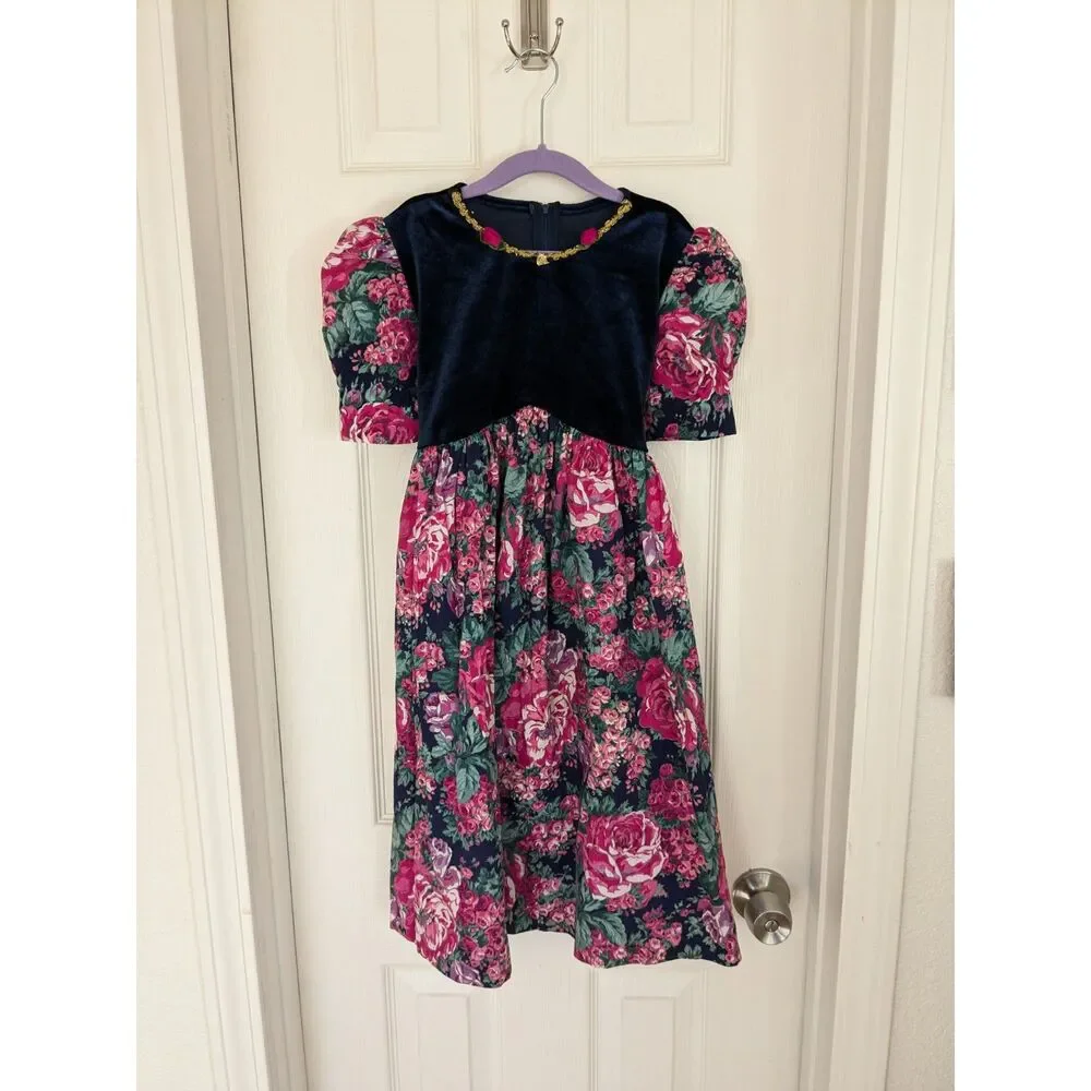 Vintage Kokomo Kids Floral and Velvety Dress - Size 10 - Blue, Pink, Green
